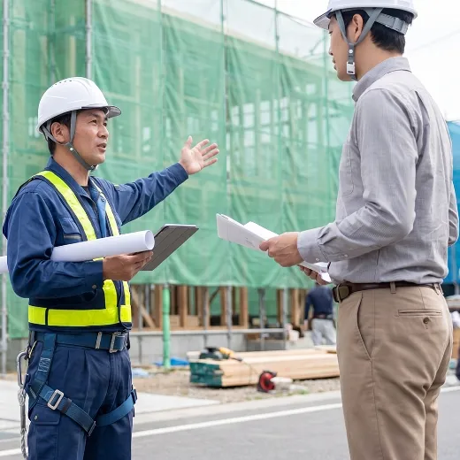 現場で図面を確認しながら打ち合わせをする様子