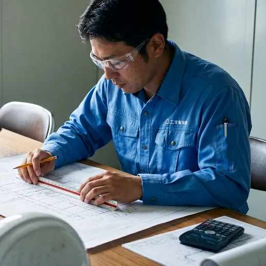 事務所で足場図面と施工計画を作成する様子