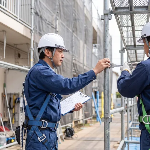 足場を解体して資材を搬出する様子